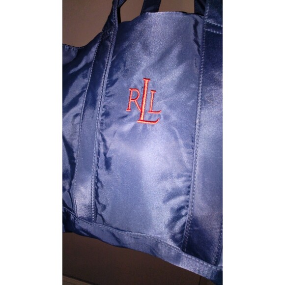 Lauren Ralph Lauren Navy Blue Nylon Tote Bag Red RLL Logo Embroidered Shopper - Picture 9 of 12